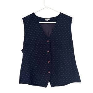 Vintage Silk Button Front Vest Navy Blue Patterned Minimalist Office Size 8